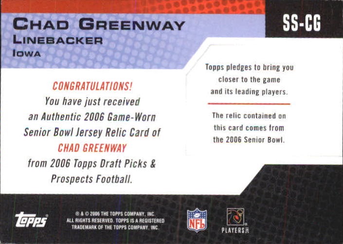 2006 Topps Draft Picks and Prospects Senior Standouts Jersey #SSCG Chad Greenway G back image