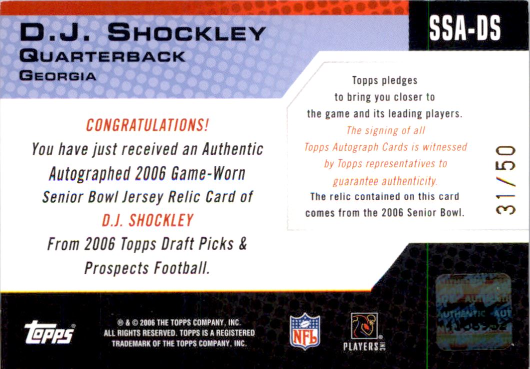 2006 Topps Draft Picks and Prospects Senior Standouts Jersey Autographs Silver #SSADS D.J. Shockley back image