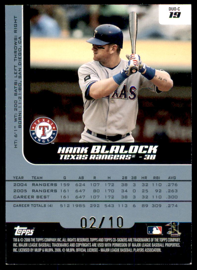 2006 Topps Co-Signers Changing Faces HyperSilver Blue #19C Hank Blalock/Michael Young back image