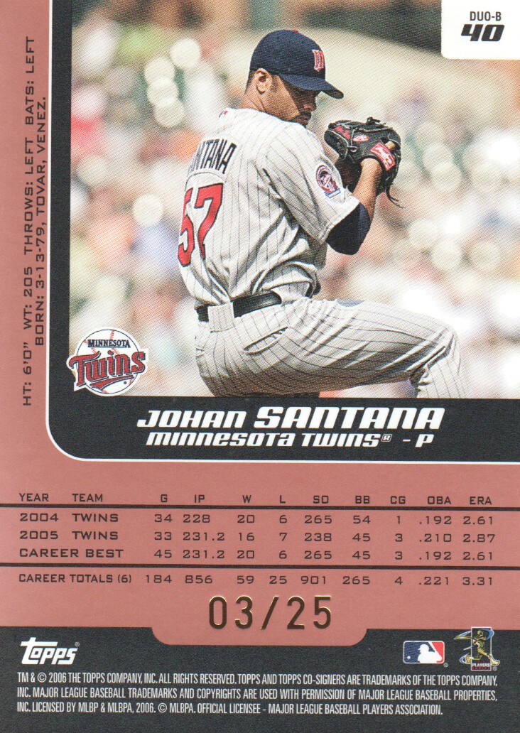 2006 Topps Co-Signers Changing Faces HyperSilver Red #40B Johan Santana/Torii Hunter back image