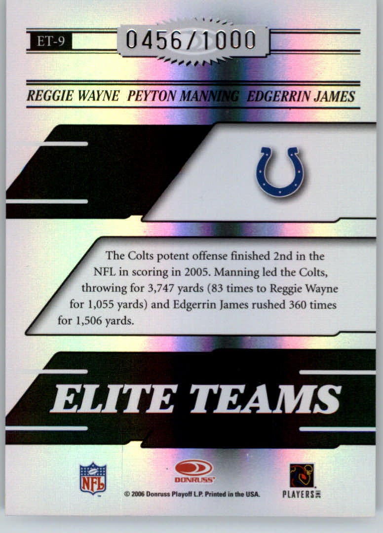 2006 Donruss Elite Elite Teams Black #9 Reggie Wayne/Peyton Manning/Edgerrin James back image