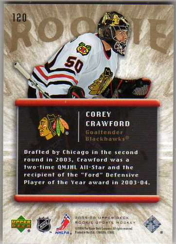 2005-06 Upper Deck Rookie Update #120 Corey Crawford RC back image