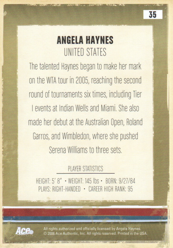 2006 Ace Authentic Heroes and Legends #35 Angela Haynes RC back image