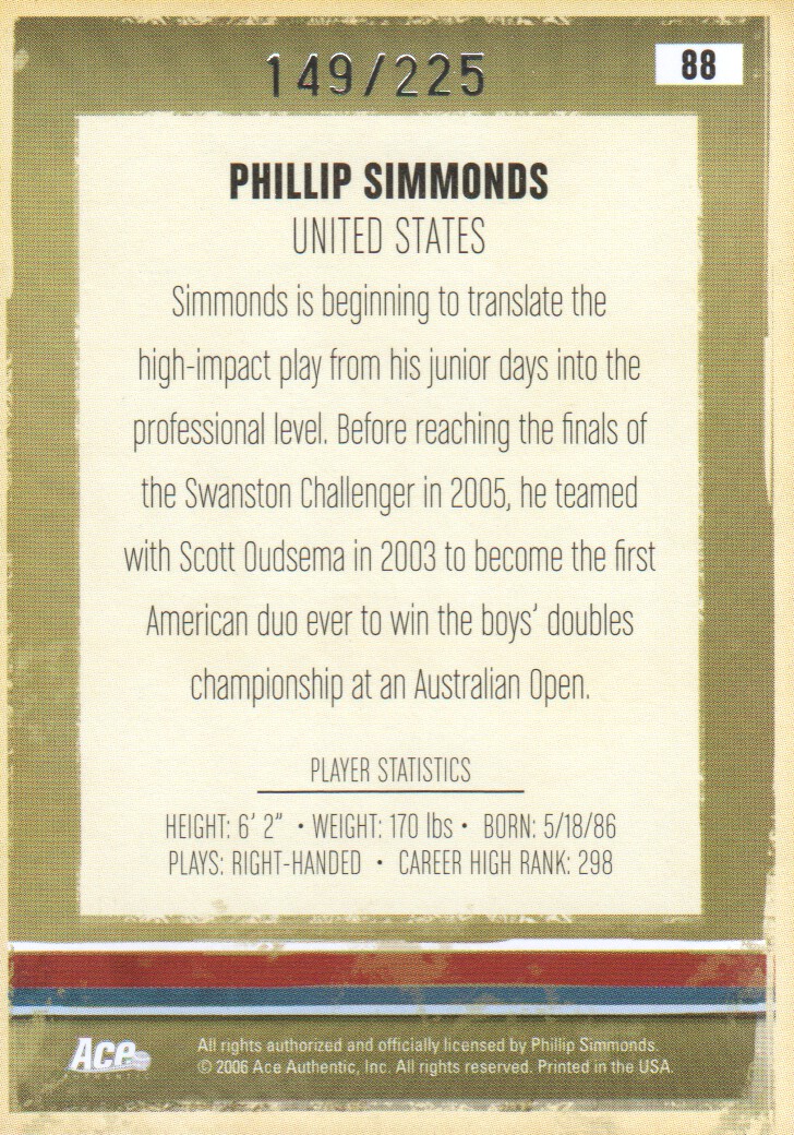 2006 Ace Authentic Heroes and Legends Autographs #88 Phillip Simmonds/225 back image