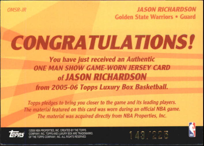 2005-06 Topps Luxury Box One Man Show Relics #J.R. Jason Richardson back image