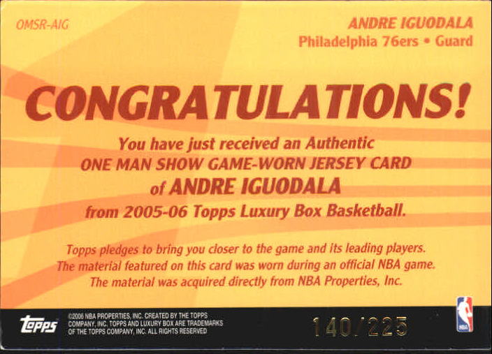 2005-06 Topps Luxury Box One Man Show Relics #AIG Andre Iguodala back image
