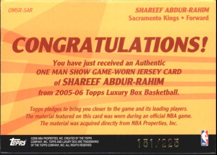 2005-06 Topps Luxury Box One Man Show Relics #SAR Shareef Abdur-Rahim back image