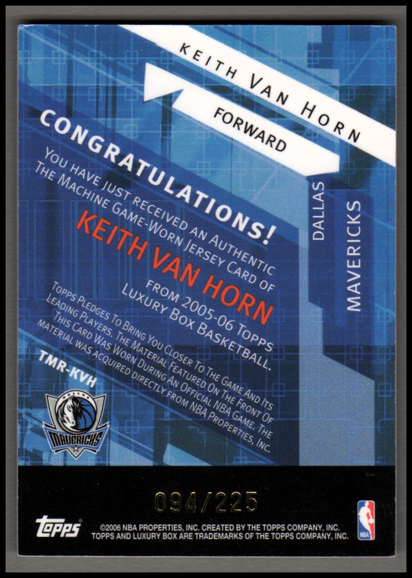 2005-06 Topps Luxury Box The Machine Relics #KVH Keith Van Horn back image