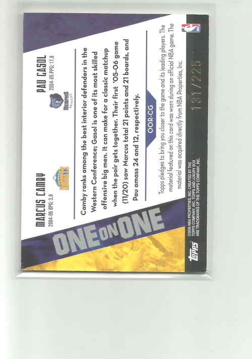 2005-06 Topps Luxury Box One on One Dual Relics #CG Marcus Camby/Pau Gasol back image