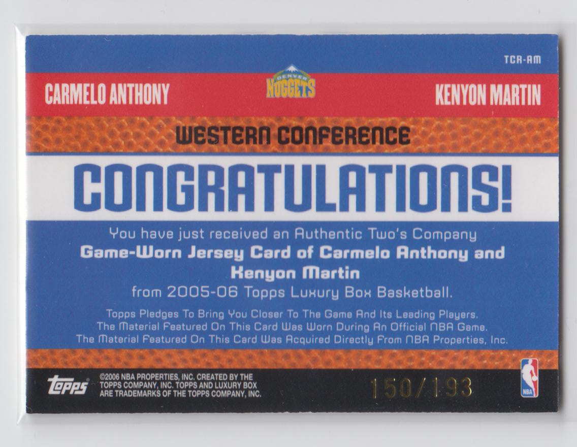 2005-06 Topps Luxury Box Two's Company Dual Relics #AM Carmelo Anthony/Kenyon Martin back image
