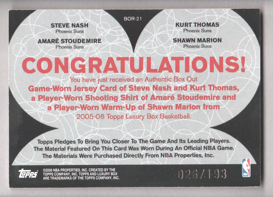 2005-06 Topps Luxury Box Box Out Quad Relics #21 Steve Nash/Kurt Thomas/Amare Stoudemire/Shawn Marion back image