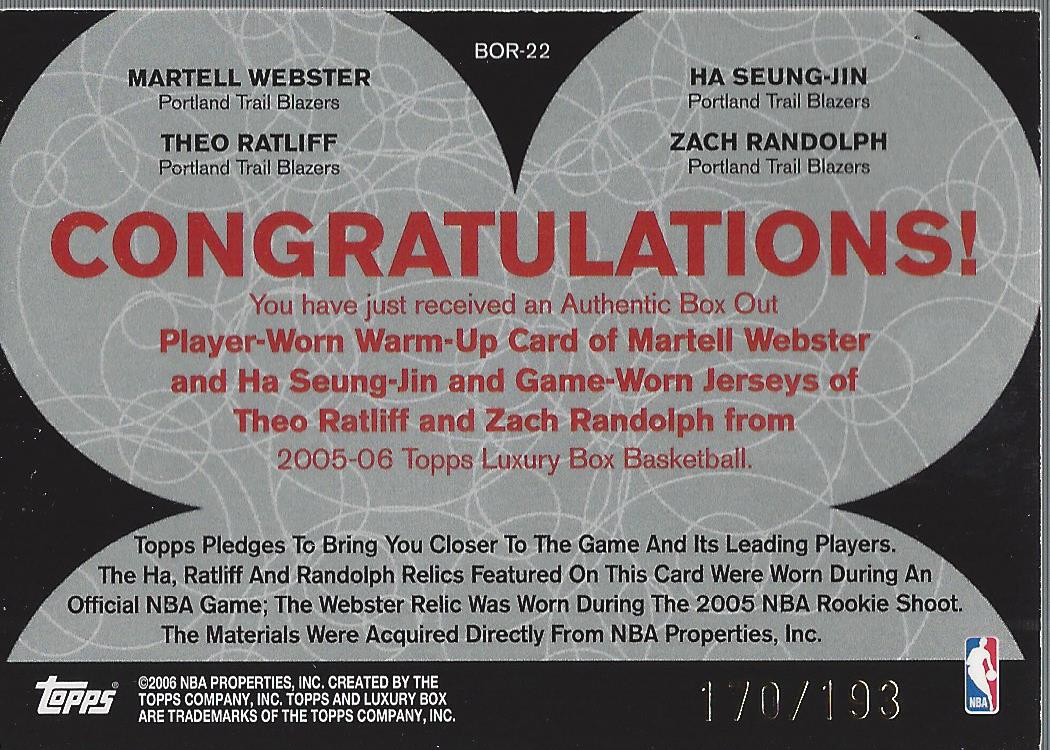 2005-06 Topps Luxury Box Box Out Quad Relics #22 Martell Webster/Ha Seung-Jin/Theo Ratliff/Zach Randolph back image
