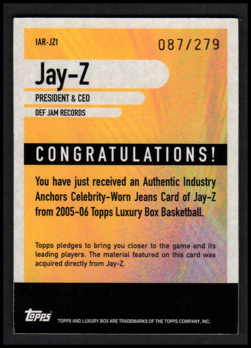 2005-06 Topps Luxury Box Industry Anchors Relics #JZ1 Jay-Z back image