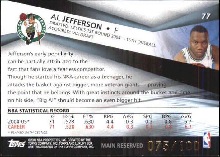 2005-06 Topps Luxury Box 100 #77 Al Jefferson back image