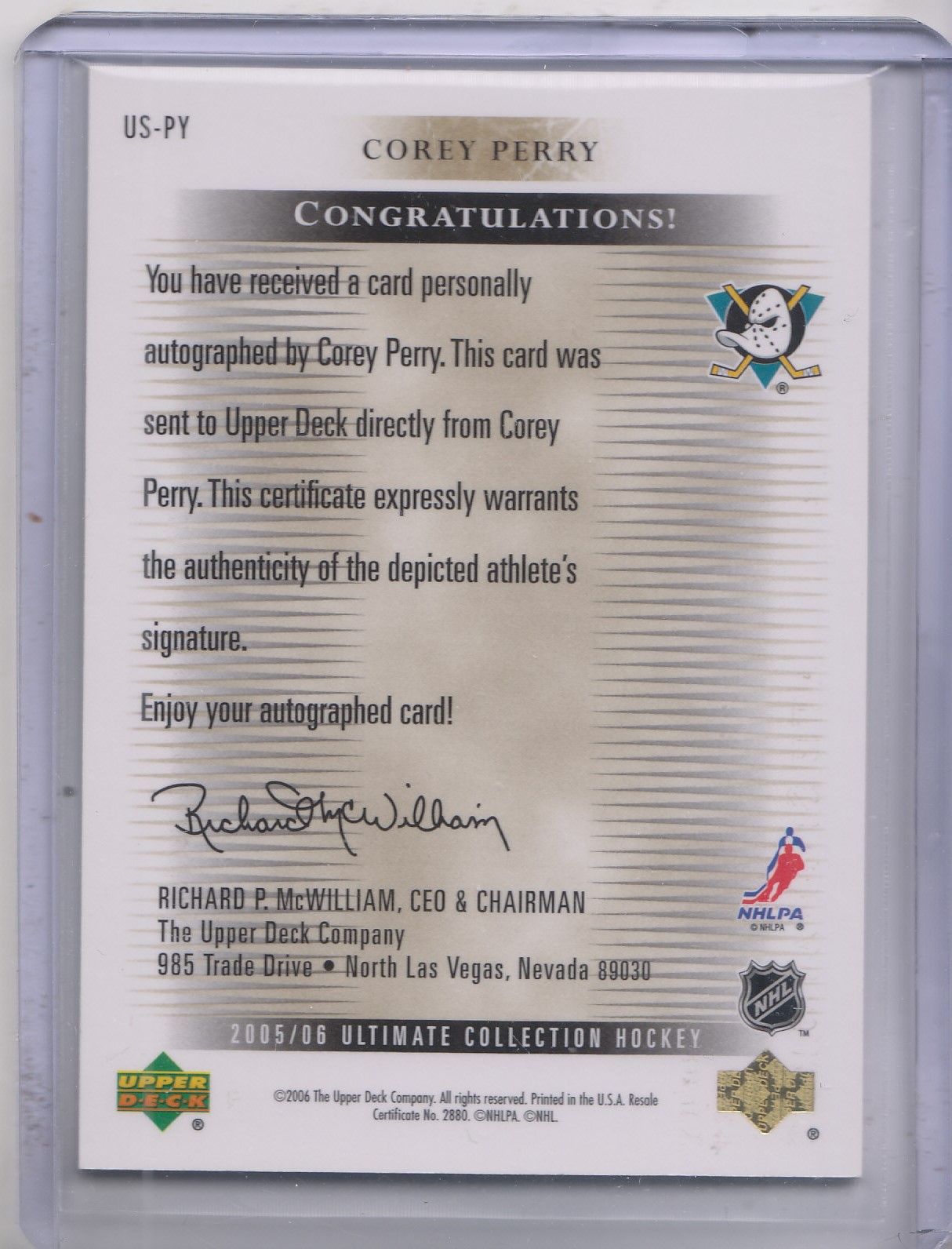 2005-06 Ultimate Collection Ultimate Signatures #USPY Corey Perry back image
