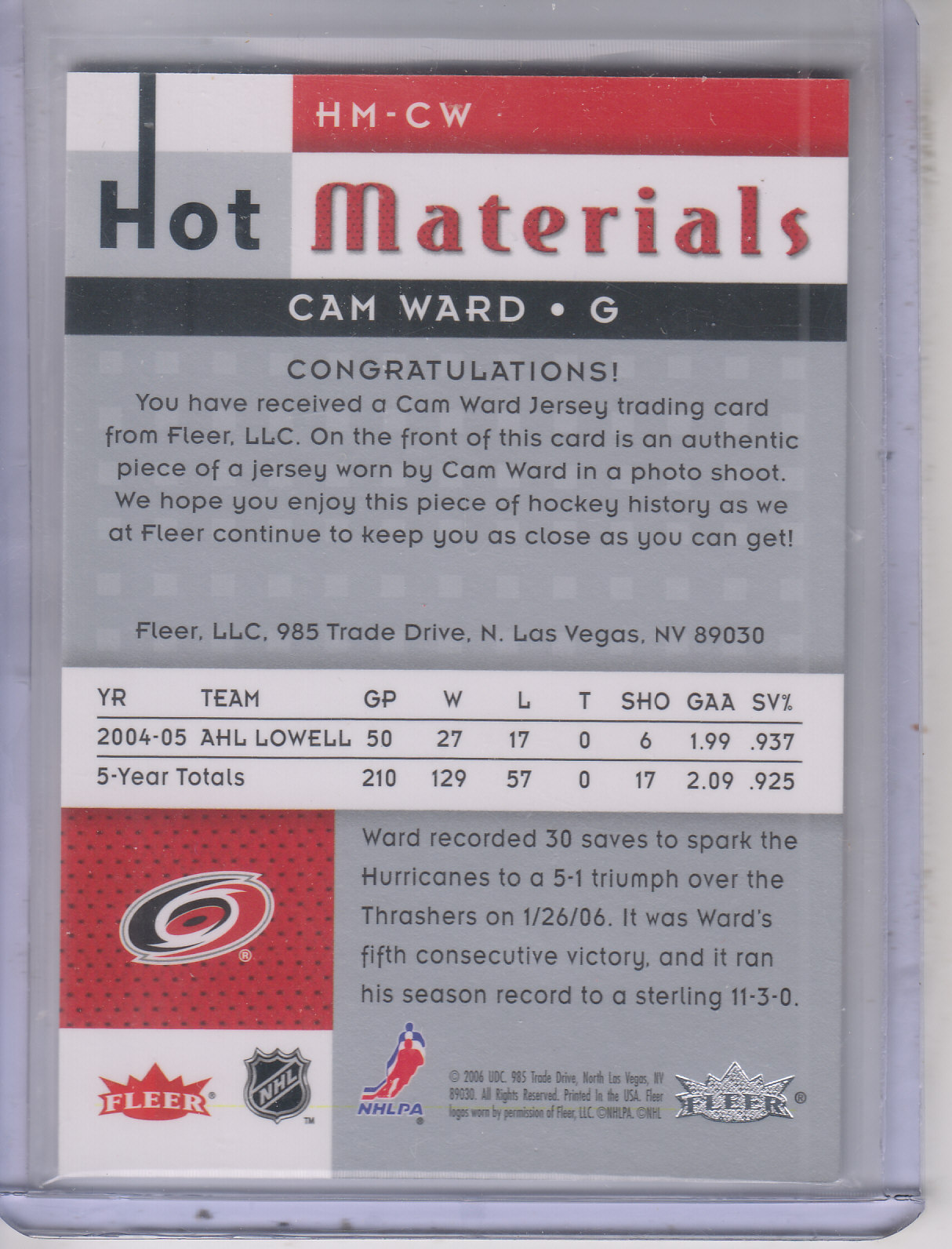 2005-06 Hot Prospects Hot Materials #HMCW Cam Ward back image