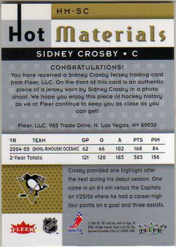 2005-06 Hot Prospects Hot Materials #HMSC Sidney Crosby back image