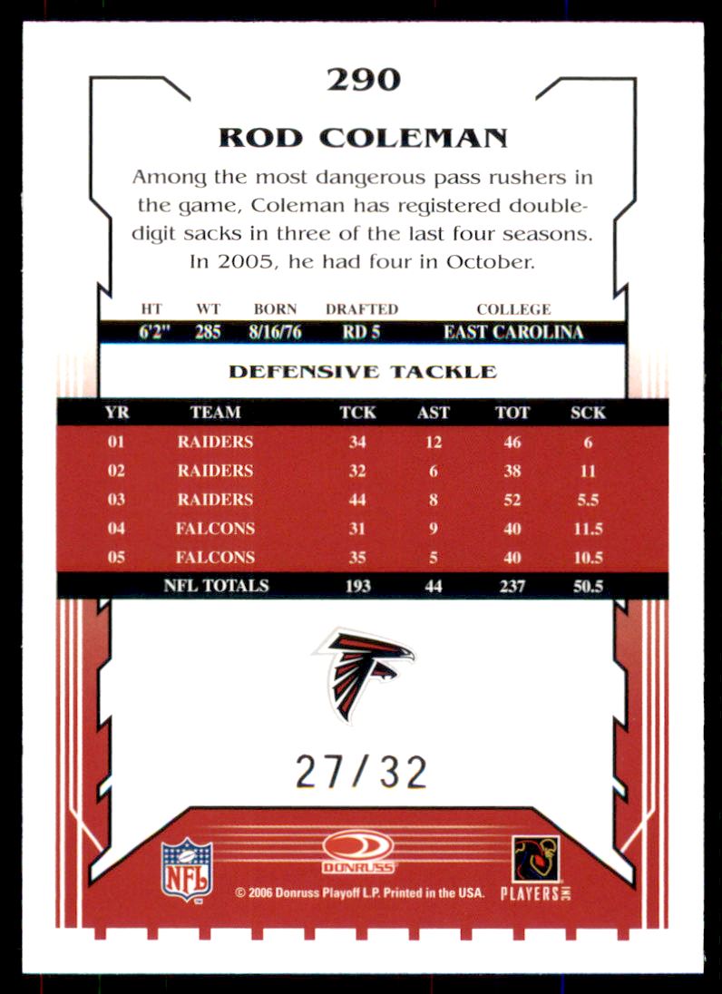 2006 Score Artist's Proof #290 Rod Coleman back image