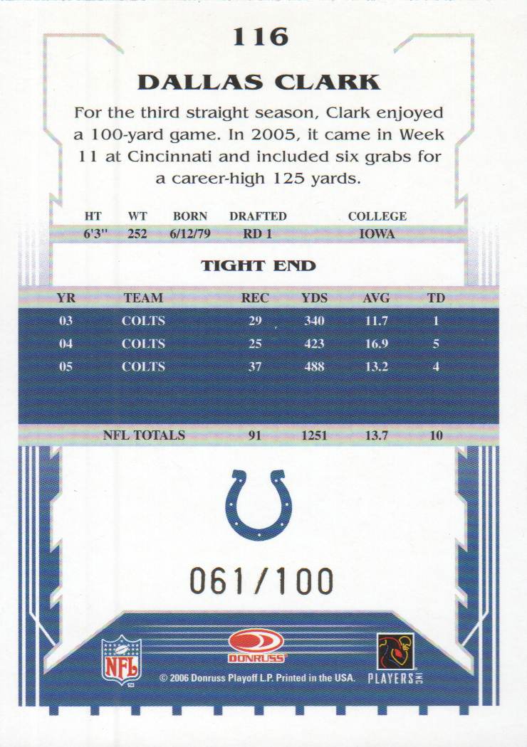 2006 Select Scorecard #116 Dallas Clark back image