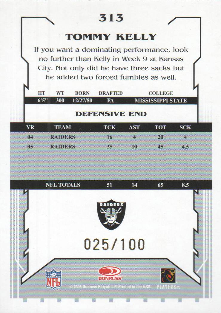 2006 Select Scorecard #313 Tommy Kelly back image