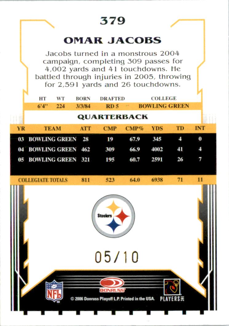 2006 Select Autographs Red #379 Omar Jacobs /10 back image