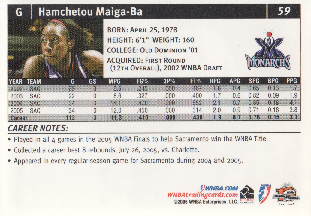 2006 WNBA #59 Hamchetou Maiga-Ba back image