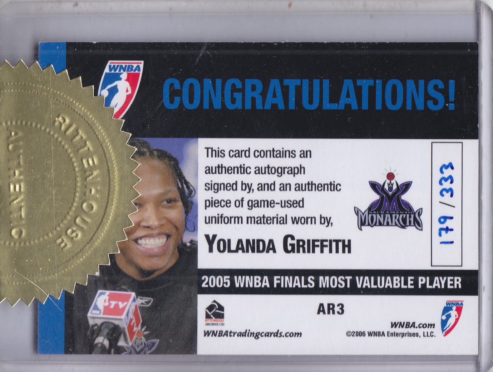 2006 WNBA Toppers #AR3 Yolanda Griffith JSY AU/333 back image