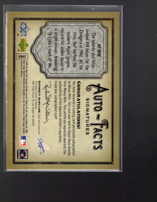 2006 Artifacts Auto-Facts Signatures #MW Maury Wills/150 back image