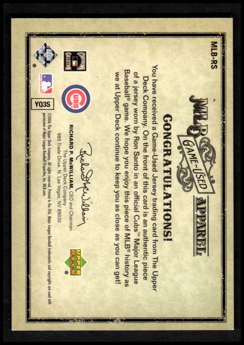 2006 Artifacts MLB Game-Used Apparel #RS Ron Santo Jsy/325 back image