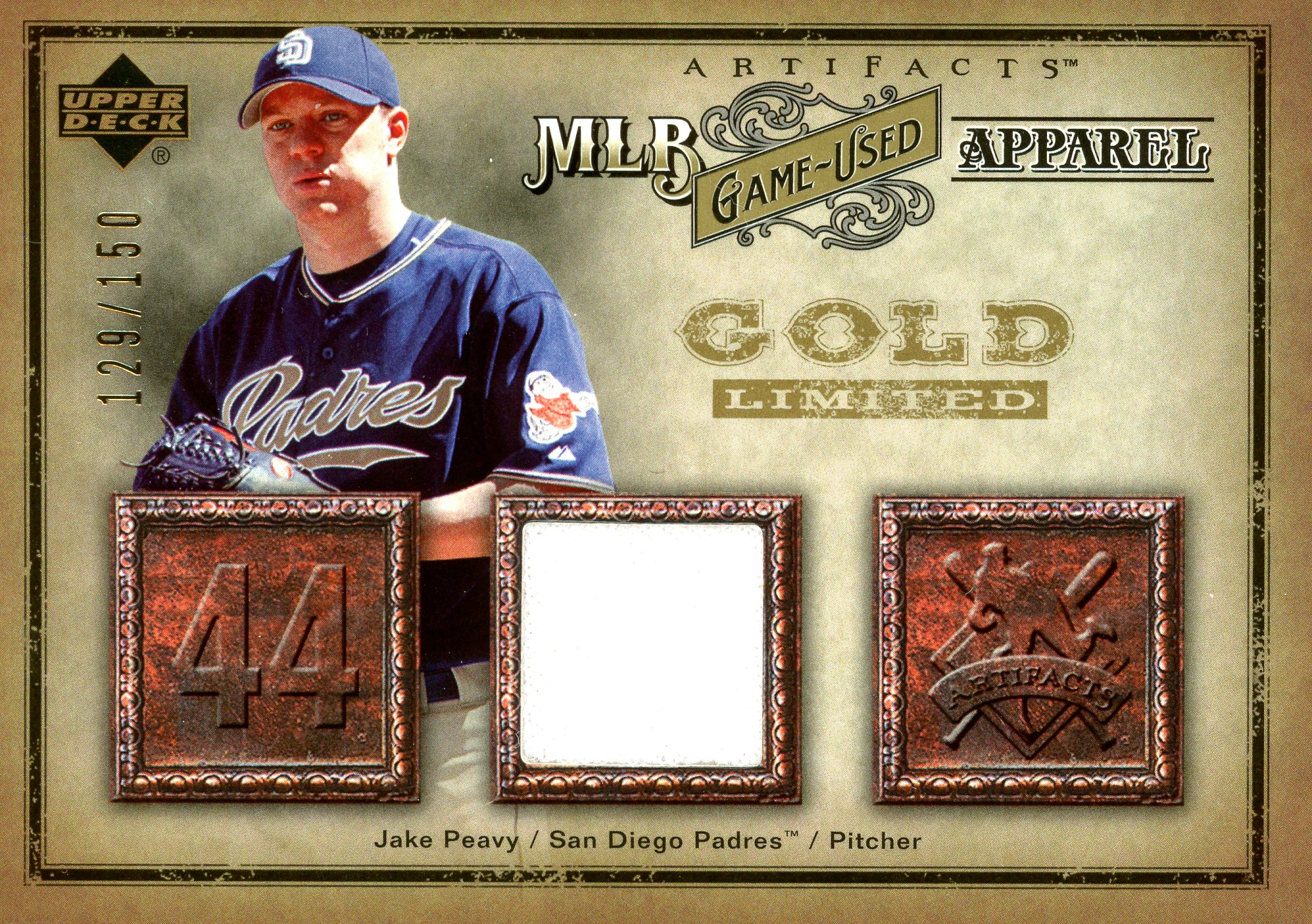 2006 Artifacts MLB Game-Used Apparel Gold Limited #PE Jake Peavy Jsy/150