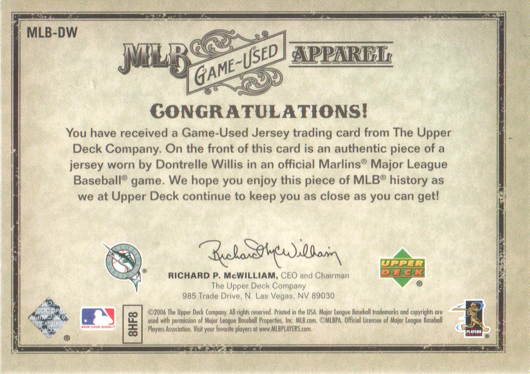 2006 Artifacts MLB Game-Used Apparel Silver Limited #DW Dontrelle Willis Jsy/250 back image