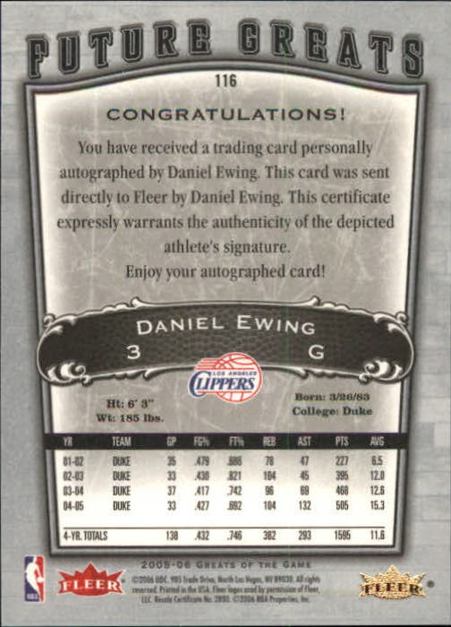 2005-06 Greats of the Game #116 Daniel Ewing AU RC back image