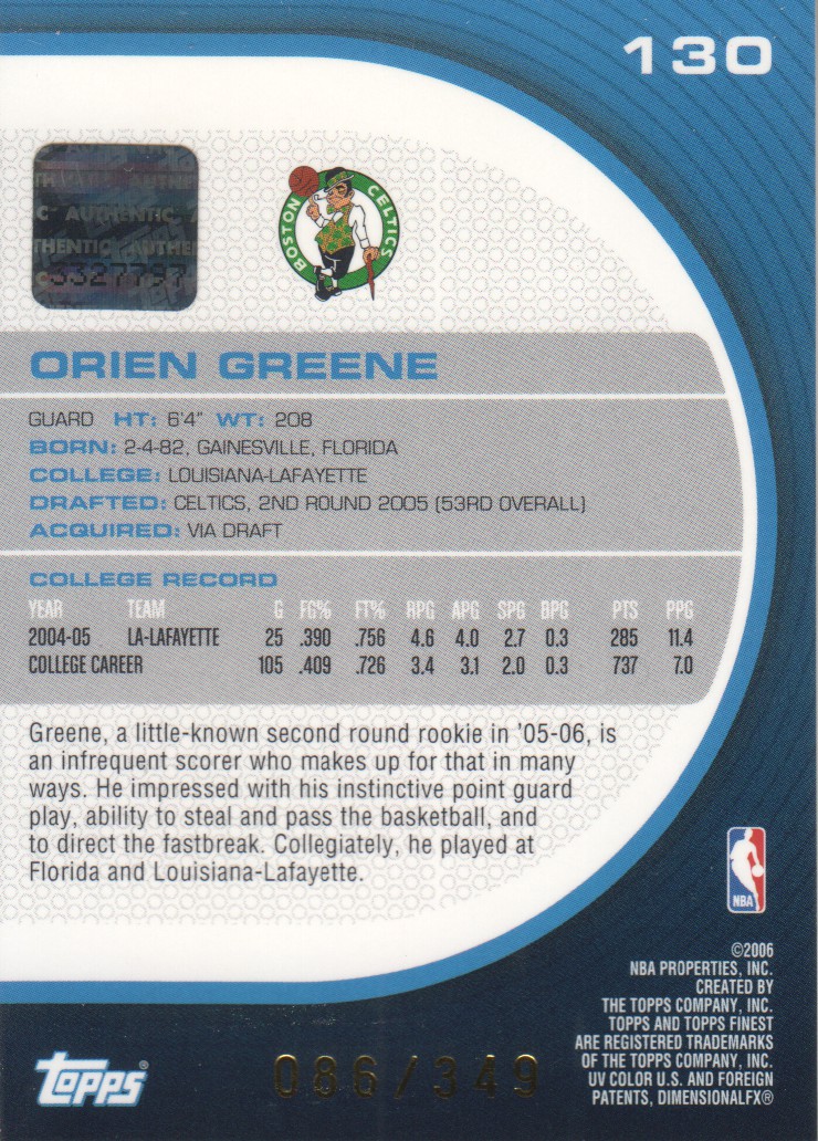 2005-06 Finest #130 Orien Greene AU RC back image