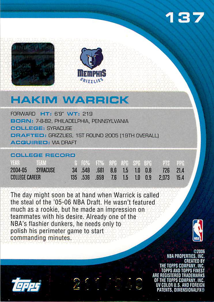 2005-06 Finest #137 Hakim Warrick AU RC back image