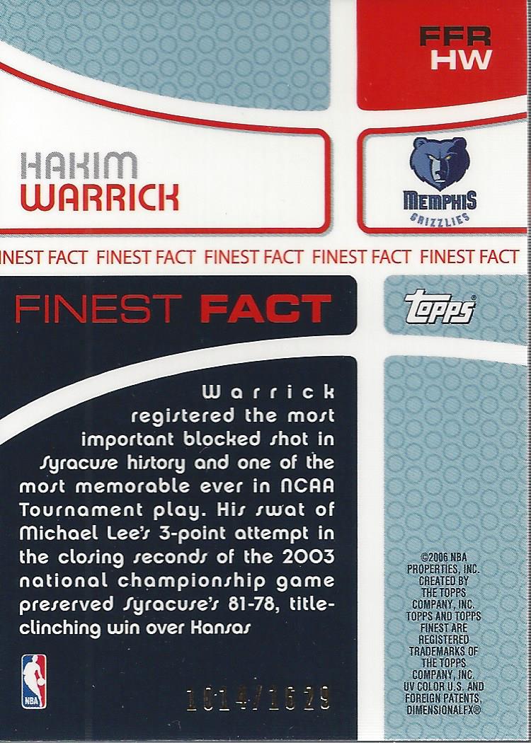 2005-06 Finest Fact Relics #HW Hakim Warrick/1629 back image