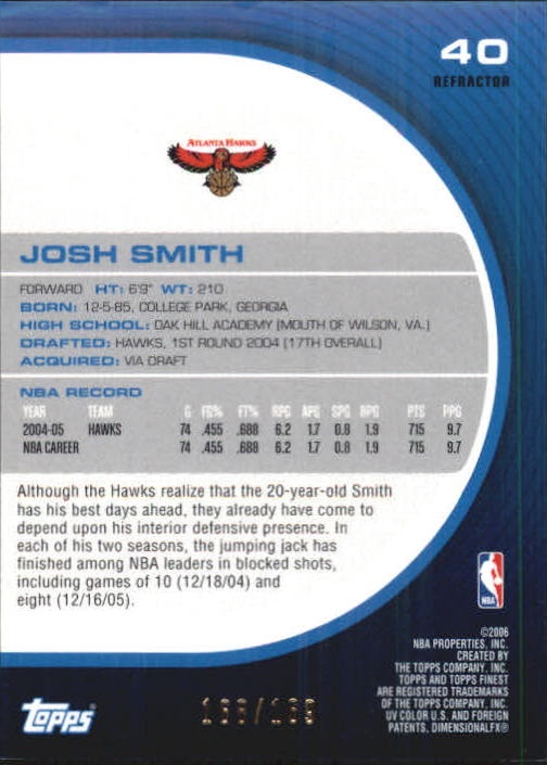 2005-06 Finest Refractors Red #40 Josh Smith back image