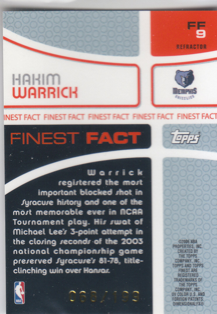 2005-06 Finest Fact Refractors #FF9 Hakim Warrick back image