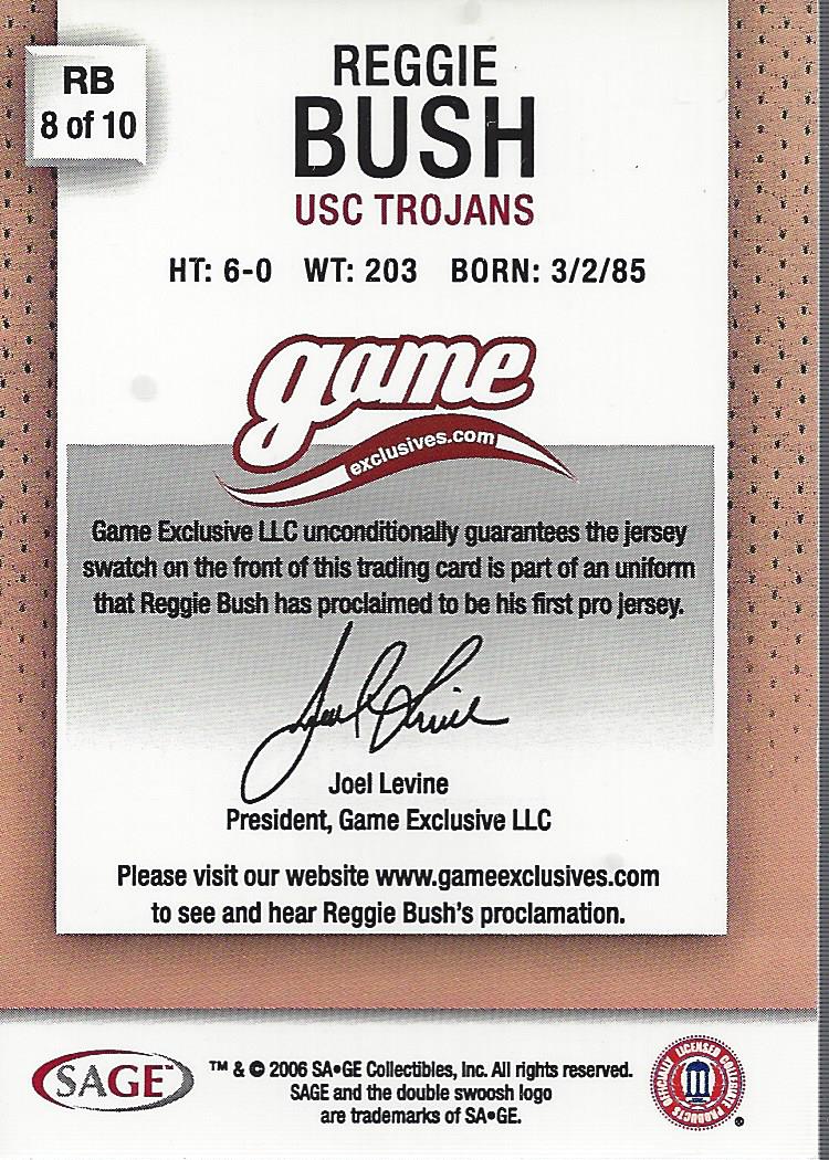 2006 SAGE Game Exclusive Reggie Bush Jerseys Bronze #RB8 Reggie Bush NFL back image