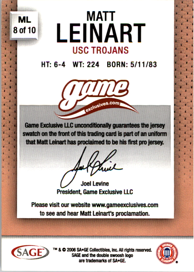 2006 SAGE Game Exclusive Matt Leinart Jerseys Bronze #ML8 Matt Leinart NFL back image