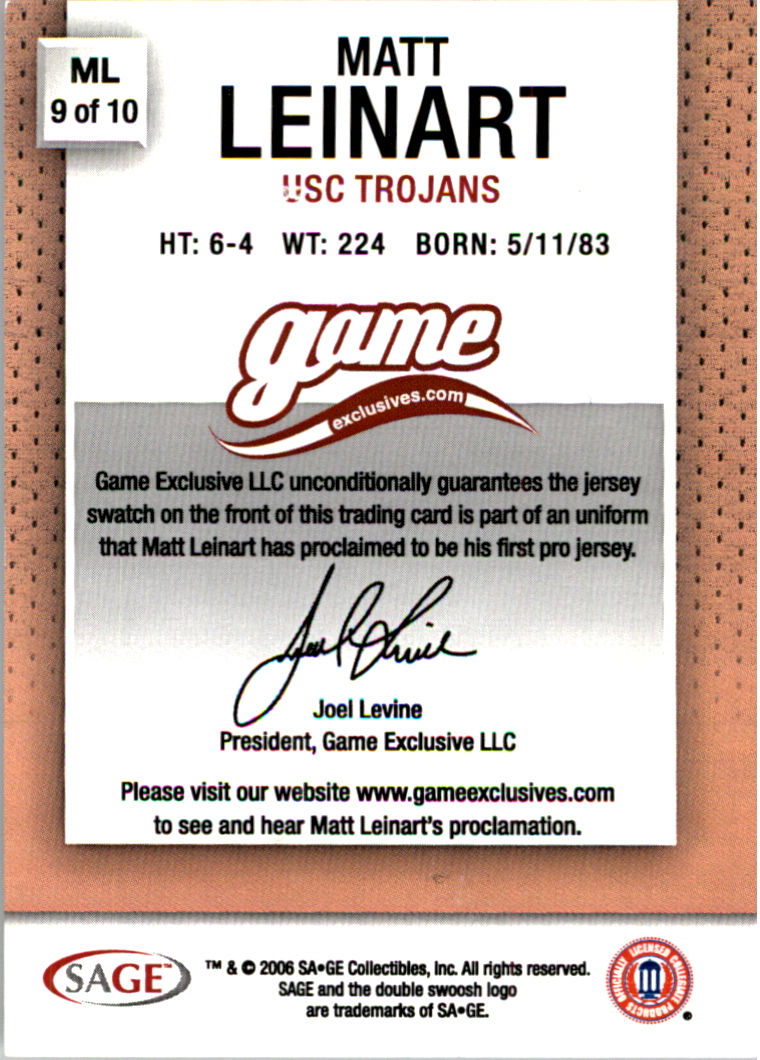 2006 SAGE Game Exclusive Matt Leinart Jerseys Bronze #ML9 Matt Leinart NFL back image