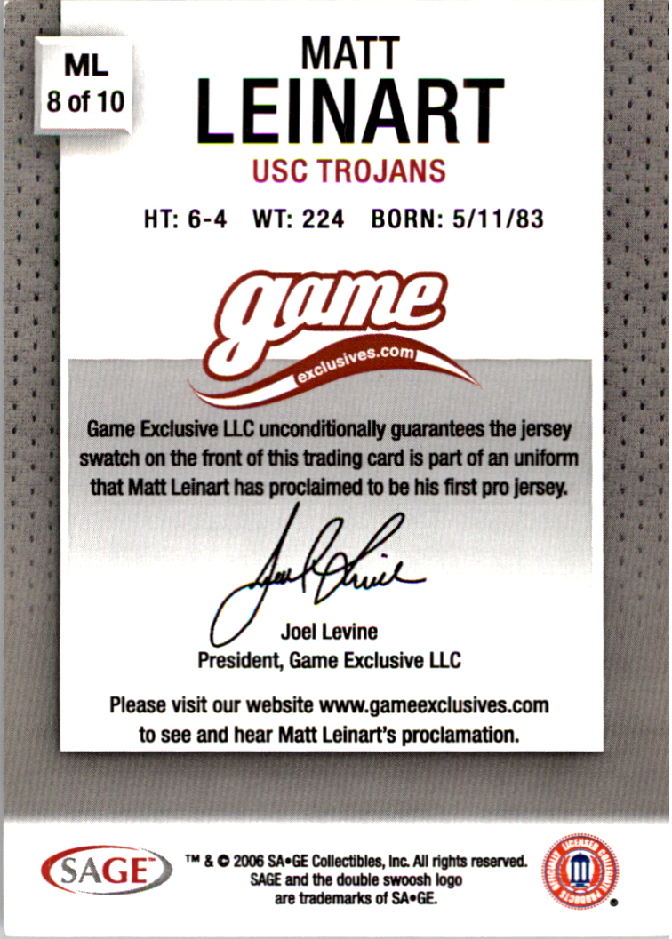 2006 SAGE Game Exclusive Matt Leinart Jerseys Silver #ML8 Matt Leinart NFL back image