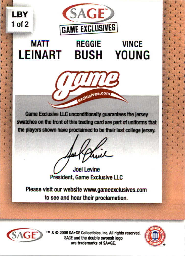 2006 SAGE Game Exclusive Jersey Combos Bronze #LBY1 Reggie Bush Coll/Matt Leinart Coll/Vince Young Coll back image