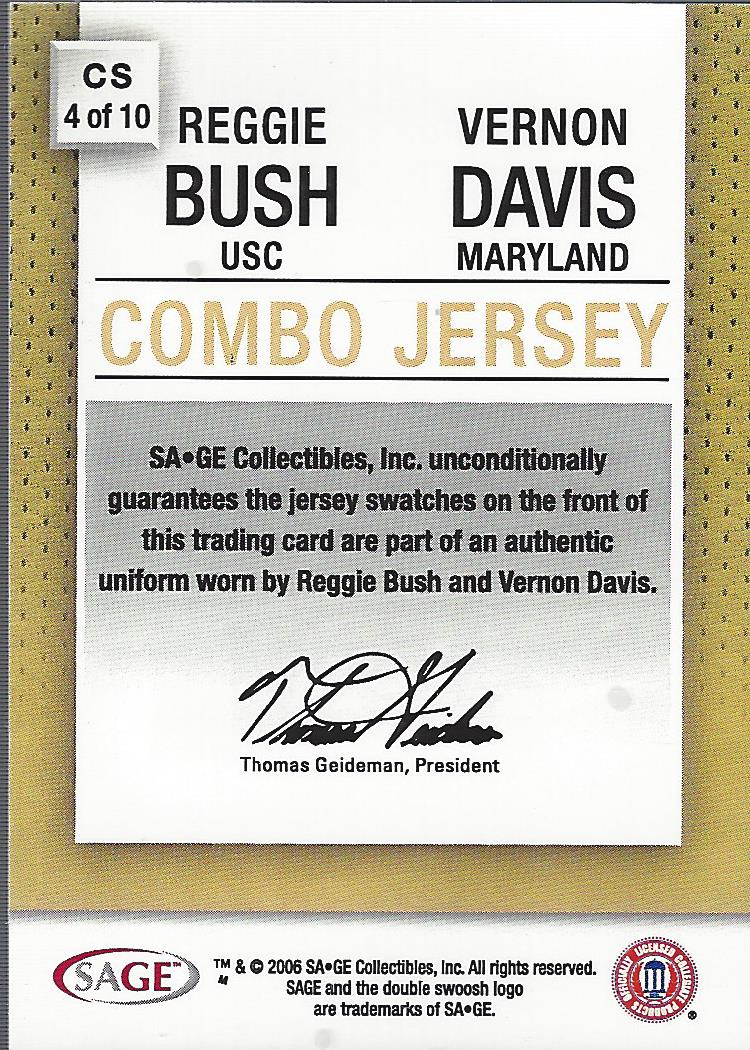 2006 SAGE Game Exclusive Oversized Jersey Combos Gold #CS4 Reggie Bush/Vernon Davis back image