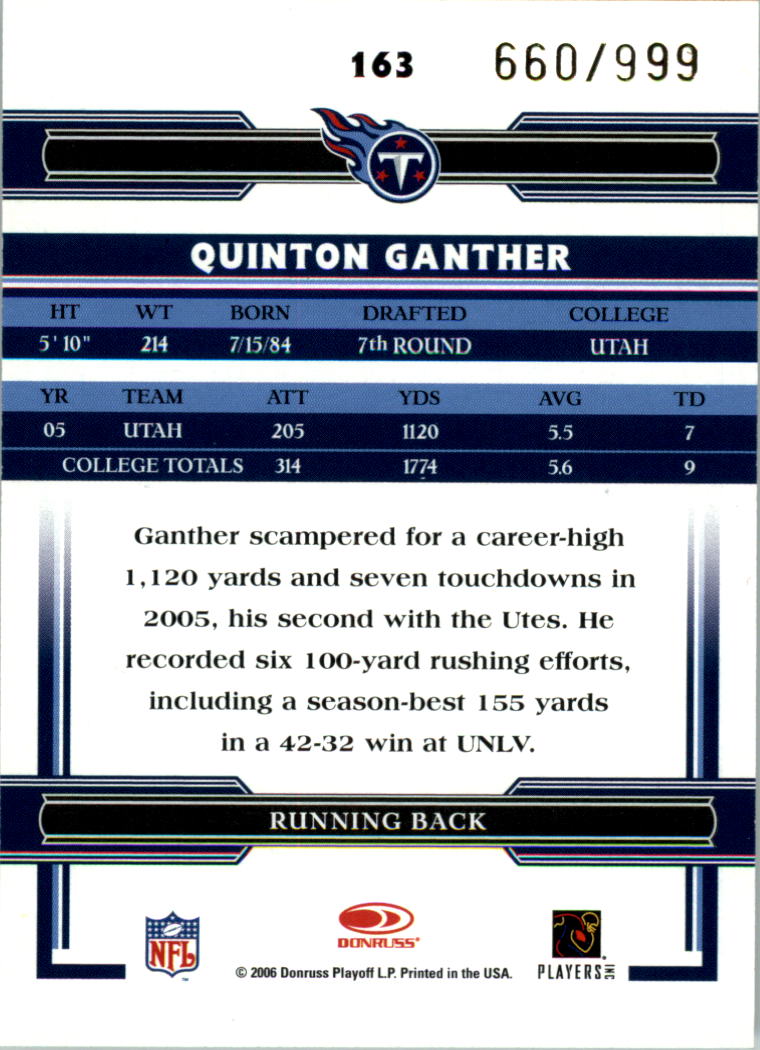 2006 Donruss Threads Retail Rookies #163 Quinton Ganther RC back image