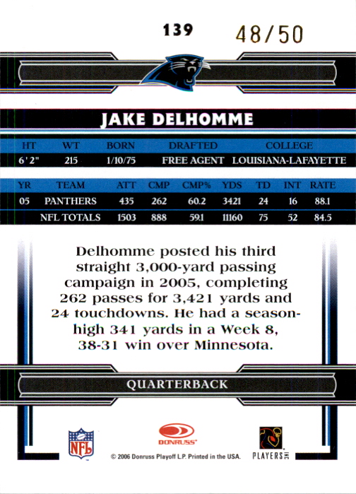 2006 Donruss Threads Gold Holofoil #139 Jake Delhomme back image