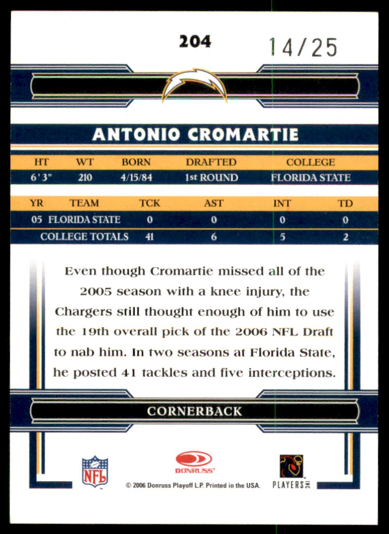 2006 Donruss Threads Platinum Holofoil #204 Antonio Cromartie back image