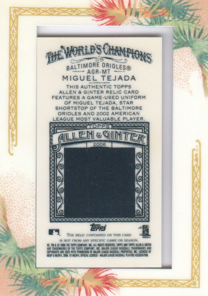 2006 Topps Allen and Ginter Relics #MT Miguel Tejada Uni E back image