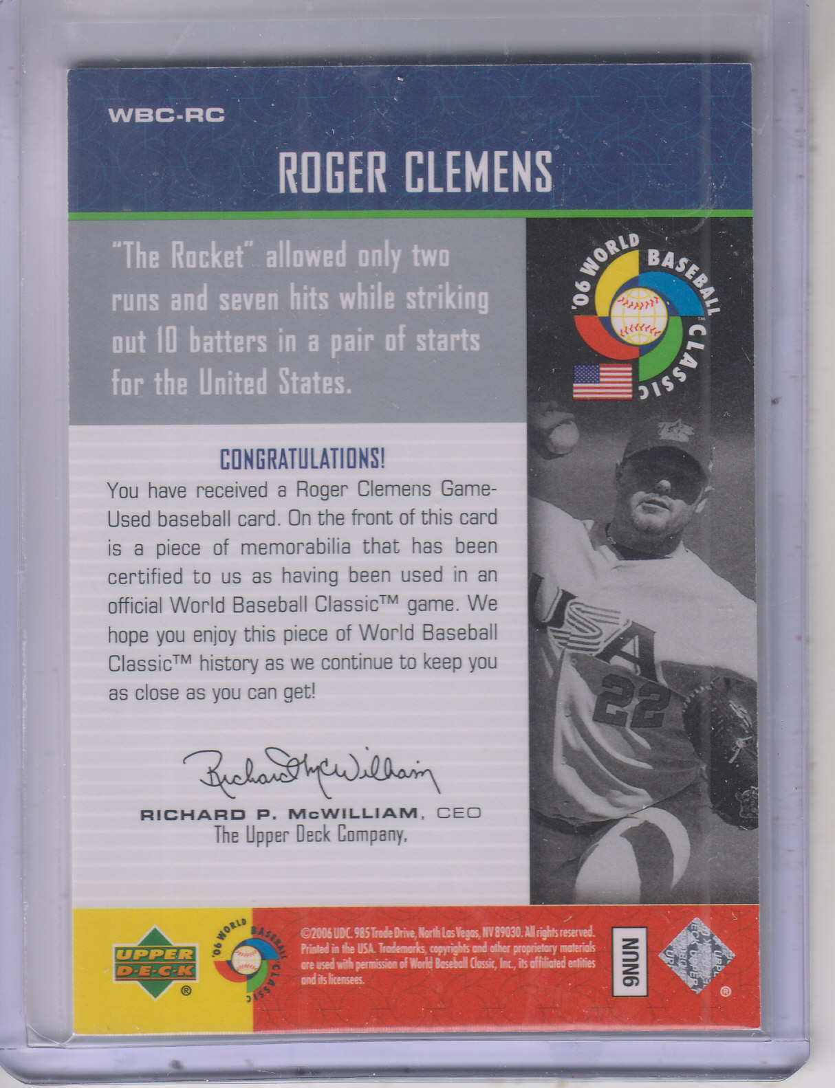 2006 Upper Deck WBC Collection Jersey #RC Roger Clemens back image