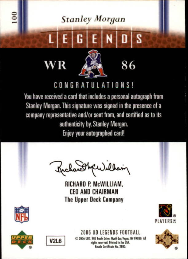 2006 Upper Deck Legends Legendary Signatures #100 Stanley Morgan back image