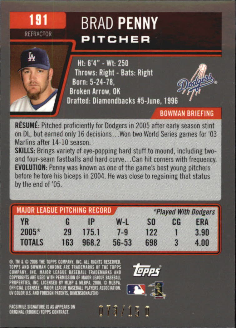 2006 Bowman Chrome Blue Refractors #191 Brad Penny